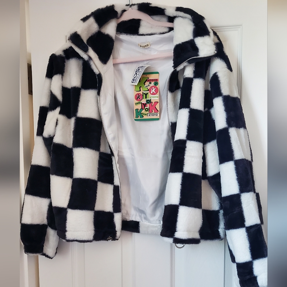 fluffy furry checkered black and white adjustable jacket